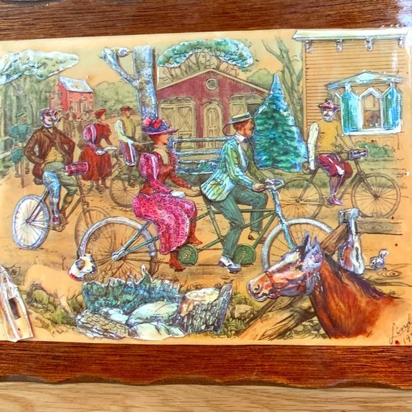 VTG Decoupage Bicycle Built for Two 70s Wood Wall Art Hand Crafted Signed 1976